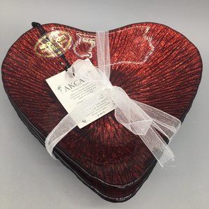 4 Akcam Red Glass Heart Appetizer Dessert Plate Dish Set Valentine Love Shimmer